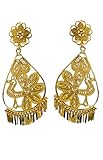 Amour Spell Aretes de Filigrana Dorada, Diseño Pavoreal, Gota 8.6x3.5 cm, Oro Laminado
