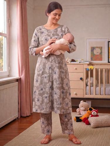 Image of RITIJYA Pure Cotton Feeding Kurta Pant Set for Women | Floral Anarkali Pregnancy Dress with Concealed Nursing Zipper Side Pocket | Pre & Post Partum | Maternity Dresses | Baby Shower Outfit