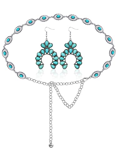 Glenmal Western Concho Belt Cowgirl Earrings Set for Women Cowgirl Waist Chain Belts Boho Earrings for Country Concert Outfit(Noble Style)