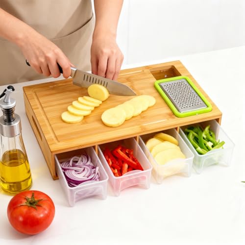 GREENSAPPIRE Bamboo Cutting Board with 4 Containers, Large Chopping Board with Juice Grooves & Easy-Grip Handle,Sliding Opening Drawer Organiser for Vegetables & Fruits Easy Cleanup