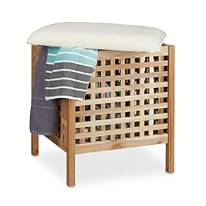 Relaxdays Badhocker Walnuss mit Wäschesammler, HBT:52x49x49cm, Natur/weiß