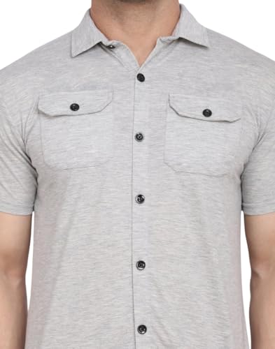 Image of Men's Half Sleeve Shirt - Spread Collar Casual Shirt with Double Flap Pockets - Slim Fit Cotton Blend Button-Down