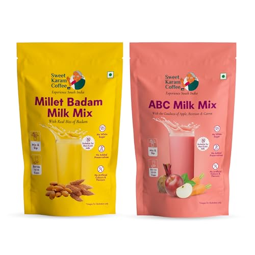 Image of Sweet Karam Coffee ABC + Millet Badam Milk Mix Combo - Pack of 2 (250g each) | No Refined Sugar & Preservatives | High Fiber & Calcium | Natural Superfood for Kids & Adults