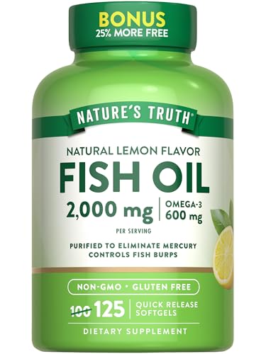 Nature's Truth Omega 3 Fish Oil 2000 mg | 125 Liquid Softgels | Burpless, Lemon Flavor Pills | Non-GMO and Gluten Free Supplement