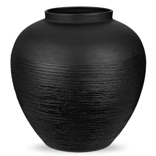 Image of Briful 11.4" Large Flower Vase for Home Decor - 29CM Tall Metal Vase for Flowers, Rustic Textured Iron Vases, Wide Mouth Centerpiece for Modern Farmhouse Table Living Room Entryway, Matte Black