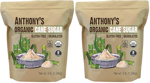 Anthony's Organic Cane Sugar, 3 lb, Granulated, Gluten Free &amp; Non GMO (Pack of 2)