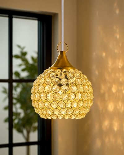 Homesake Crystal Pendant Light - Modern Ceiling Fixture, Stylish Home Decor, Warm White, Living Room, Bedroom, Contemporary Design, Decorative Crystal Chandelier, Home Improvement Lighting (Golden)