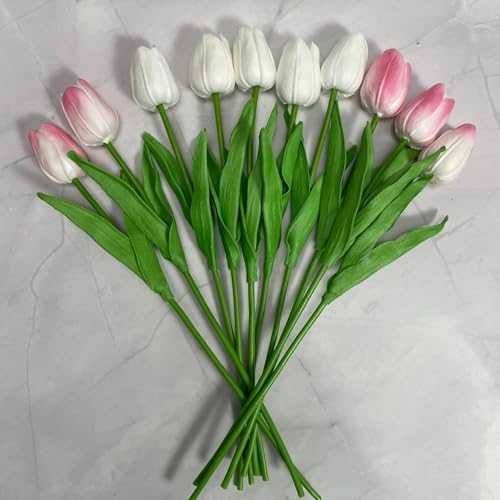 WPNCYK 10PCS Artificial TulipS Tulips Tulips Artificial Flowers Faux Tulip - 32CM Silk Flower Bouquet for Home Wedding Decor (5Pcs White & 5Pcs Pale Pink, Grid Canvas Texture)