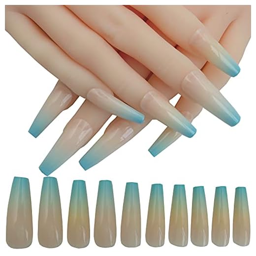 LuckForever 100pc Ombre Coffin Press on Nails Colored Gradient Nude Blue Ballerina False Fake Nails Artificial Acrylic Nail Tips Full Cover Women Girls Nail Decor for Salon and Home.
