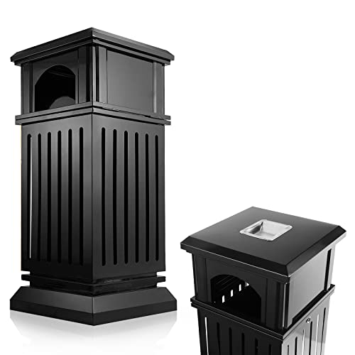 Image of IRONWALLS Commercial Trash Can with Lid, Black Outdoor Garbage Can for Patio, Side Opening Steel Square Commercial Waste Bin, Decorative Trash Container with Removable Inner Bucket for Park, Garden