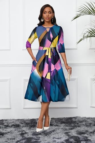 Image of CLOCOR Midi Dresses for Women Casual A-Line Fit and Flare Dress Crewneck 3 /4 Sleeve Keyhole Cocktail Party Church Dress