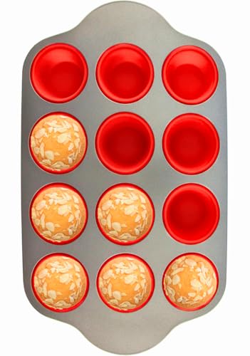 Boxiki Kitchen Silicone Muffin Pan With Steel Frame, 12 Cups Full Size | Professional Non-Stick Baking Molds Silicone 12 Cup Muffin Mold
