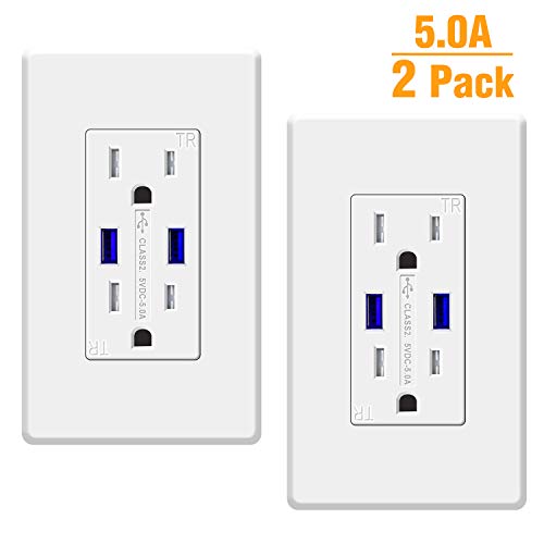 USB Wall Outlet, 2 Pack High-Speed 5.0A USB Outlet 15A Tamper-Resistant Duplex Receptacle