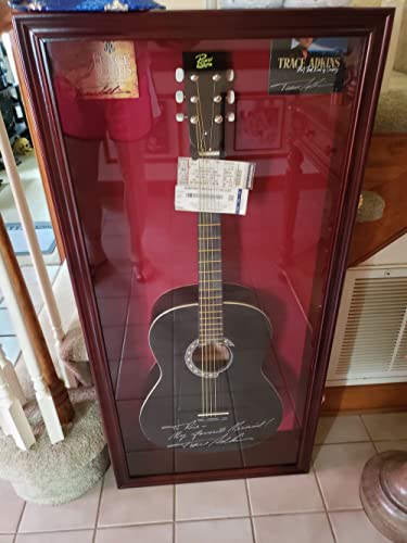 Displaygifts 42" Large Acoustic Guitar Display Case Cabinet, Fit Most Guitars, With Lock, Mahogany Finish (Red Background, Mahogany Finish) #TOP5