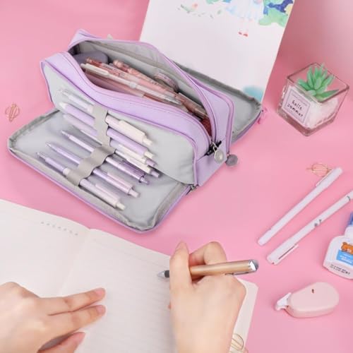 Image of Canvas Large Capacity Pencil Box for Girls & Boys, 3 Compartments Pen & Pencil Pouches, Aesthetic Stationery Pouch for School Kids College Students (Metal Large Purple)