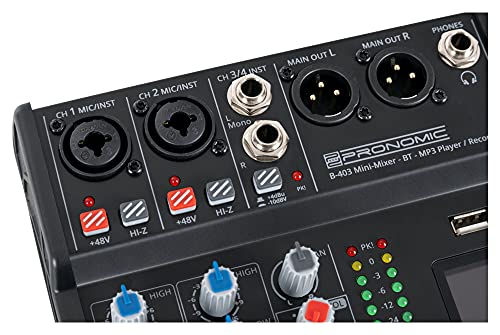 Pronomic B-403 Mini-Mixer mit Bluetooth und USB-Recording - Kompakter 4-Kanal Mixer - 2 Kanäle mit Combobuchsen, Phantomspeisung und Hi-Z Schalter - USB-Port - Main-Ausgänge im XLR-Format - Schwarz