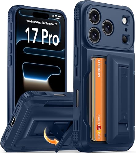 Oterkin for iPhone 17 Pro Case with Card Holder & Stand, Blue 6.3"