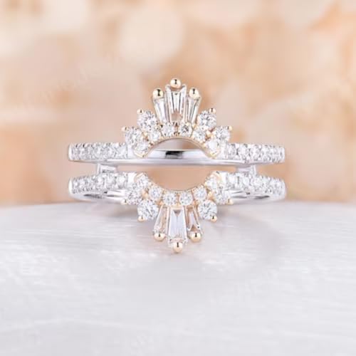 IVANKA Art deco Enhancer Diamond Wedding Band | Unique Double Curved Ring with Baguette&Round | Delicate Half Eternity Stacking Ring Two-tone Ring Wedding Ring Enhance Wrap Diamond Ring Jacket Engagement Ring Guard Baguette Ring Guard2