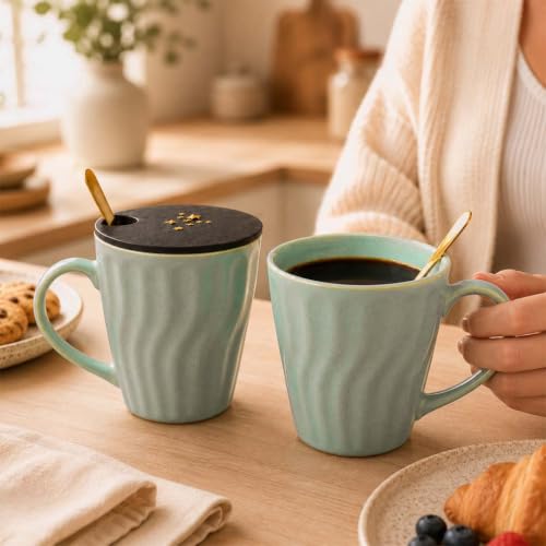 Image of The Earth Store Green Artisan Wave Coffee Mug with Lid and Spoon Set of 2 | 340ML Ceramic Coffee Mugs Set of 2 | Resin Art Wooden Lid & Golden Spoon | Premium Coffee Mugs for Gift