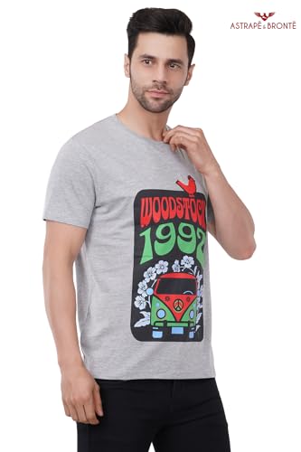 Image of ASTRAPE & BRONTE Men's Cotton Graphic Printed T-Shirt | Woodstock 1992 Design | Soft Breathable Half Sleeve Casual Tee