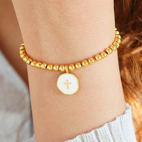 Beaded Bracelets for Women with Enamel Cross – Christian Gifts, Baptism Gifts for Women, Religious Gifts, 3mm gold beads, 18K Gold Plated, Triple-Layered Finish, Length 6-8''2