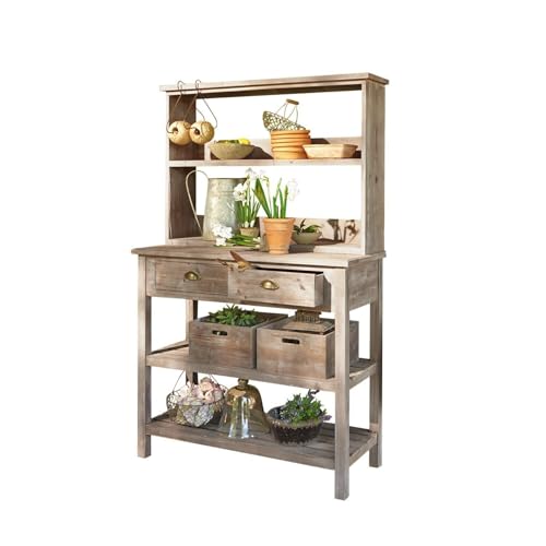 Loberon Pflanztisch Landover aus Tannenholz - Praktischer Gartenarbeitsplatz mit Antik-Lasur, Braun, 158x100x40 cm