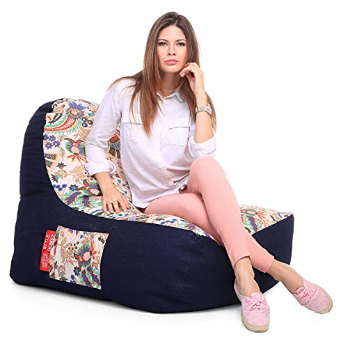 Image of Style Homez Urban Design Denim Canvas Floral Printed Chair Bean Bag XXL Size Filled with Beans Fillers