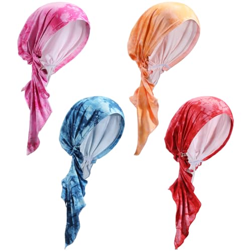 Image of Halfchet 4 Pcs Chemo Headwear for Women Pre Tied Cancer Caps Head Scarf Turbans for Women Patients Gifts
