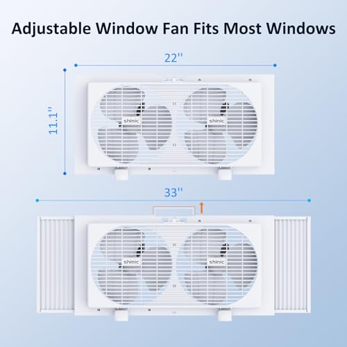 Image of shinic 9 inch Dual Window Fan with Manual Reversible Airflow, 2-Speeds Twin Fans, Expandable Panels (22 inch-33 inch), Built-in Handle & Removable Feet, Ideal for Home, Kitchen, Bedroom, Office Ventilation