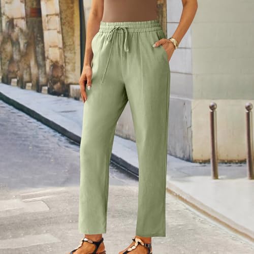 Cotton Linen Crop Pants for Women Gauze Drawstring High Waisted Straight Leg Trouser Casual Loose Beach Pant3