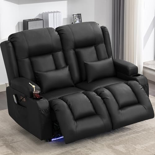 Image of URRED Power Loveseat Recliner Sofa with Massage and Heat, Wall Hugger Reclining Loveseat, RV Couch Home Theater Seating with LED Lights for Living Room (Black, 54 inch - 2 Seats)