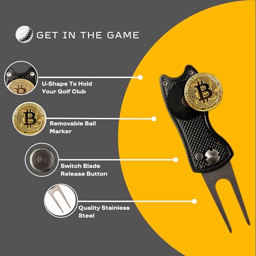 HODL 21 Bitcoin Golf Divot Repair Tool, All-Metal Golf Accessories - 3- in-1 Golf Multitool (Divot Tool, Ball Marker, Club Holder) | Foldable with with Pop-up Button & Magnetic Ball Marker