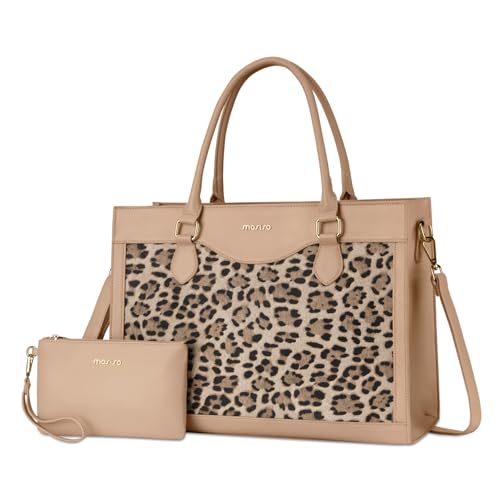 MOSISO Laptop Tasche mit Große Kapazität, 15,6 Zoll PU Leder Leopard Maserung Laptoptasche für Frauen&Clutch Purse, Wasserdichte Computer Taschen Aktentasche Arbeit für Business Büro,Aprikose