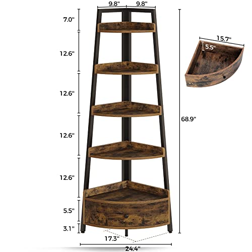 Seventable Corner Shelf 5-Tier, 68.9” Tall Corner Bookshelf With Drawer, Free Standing Storage Rack, Plant Stand For Living Room, Home Office, Kitchen, Small Space, Rustic Brown #TOP1