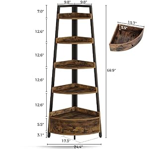 Seventable Corner Shelf with Drawer, 5-Tier Corner Bookshelf, Freestanding Corner Shelf Unit, Rustic Brown Corner Bookcase, Corner Plant Stand for Living Room, Kitchen, Home Office Seventable Corner Shelf with Drawer 5 Tier Corner Bookshelf Freestanding Corner Shelf Unit Rustic Brown Corner Bookcase Corner Plant Stand for Living Room Kitchen Home Office