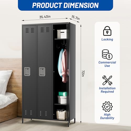 GarveeHome 3 Doors Metal Office Storage Cabinet, Metal Lockers for Employees with 9 Hooks and 3 Shelves, 72 Inch Tall Steel Storage Cabinet Locker for Home, Office, Gym, School, Black