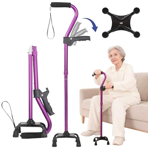 GAOUREL - GAOURELFoldable Walking Cane Suitable For Men & Women, Stair Cane With 4-Pronged Base a Second Handle For Standing, Adjustable Walking Cane With Comfortable Sponge Handle(Purple)