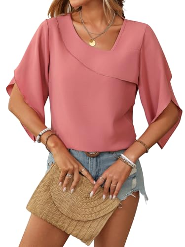 LEKOPUR Rosa Oberteil Damen Chiffon - Elegante 3/4 Arm Bluse Festliche Oberteil für Party Outfit Tunika Damenblusen