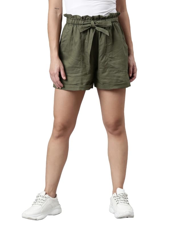 Image of GO COLORS Women Solid High Rise Relaxed Fit Linen Shorts