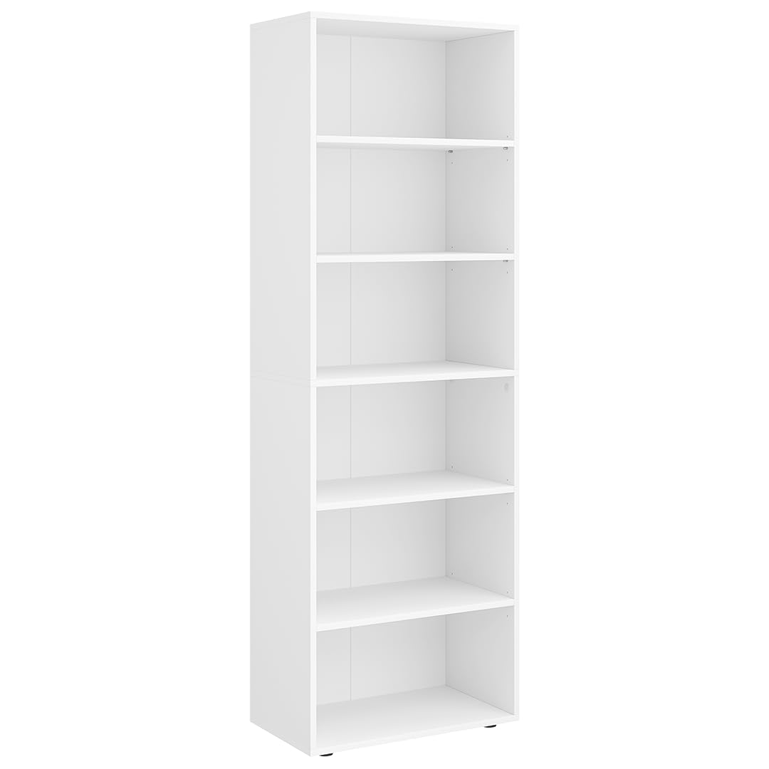 Bellamio Apol Bücherregal mit 6 Fächern - Standregal Weiß - offenes Holzregal - stabiles Regal für Wohnzimmer, Büro & Arbeitszimmer - höhenverstellbares Aktenregal 176x60x33cm