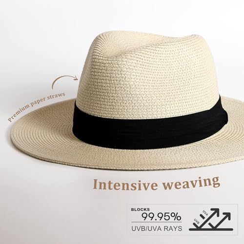 Image of FURTALK Womens Mens Wide Brim Straw Panama Hat Fedora Summer Beach Sun Hat