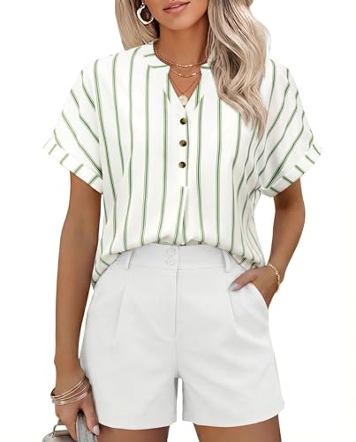 Uhiger Green Shirts for Women Striped V Neck Tops Short Sleeve Business Dressy Casual Blouses Button Up Plus Size Summer Outfits