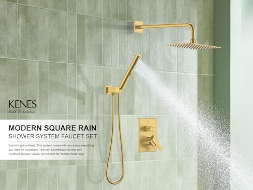 Image of KENES Brushed Gold Square Rainfall Shower System Faucet Set with Handheld