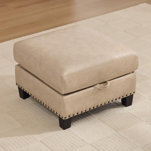 Image of 25.2 inch Faux Leather Storage Ottoman Bench for Couch, Vintage PU Leather Foot Stool with Nailhead Trim for Sofas, Mid Century Modern Hidden Storage Footrest for Living Room, Bedroom, Office, Ivory