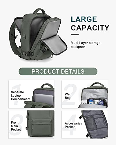 Vecave Travel Backpack For Women,Airline Flight Approved Waterproof 14 Inch Laptop Backpack，Carry On Backpack With Shoe Compartment Casual Backpacks Darkgreen #TOP3