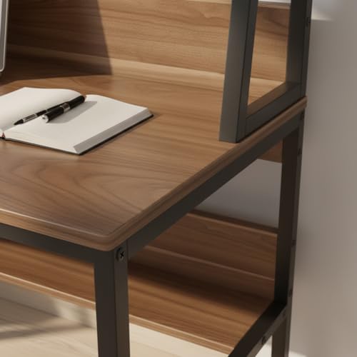 Image of Amazon Brand - Solimo Computer Desk with Hutch | Home Office Desk with Space-Saving Design & Bookshelf | Ideal for Small Spaces | TBS Tower - Asian Walnut | DIY Installation