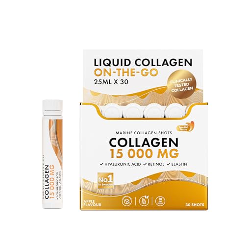 Swedish Nutra - Hydrolysed Marine Collagen, 15,000mg Liquid Supplement - 30 x 25ml Daily Shots | Peptides (Type I & III), Hyaluronic Acid, Biotin & Vitamins for Hair, Skin, Nails & Joints | Sugar Free