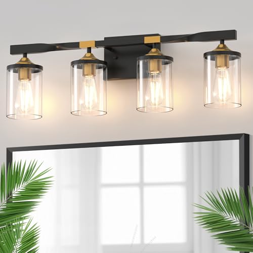 Image of DORESshop 4-Light Bathroom Vanity Light, Black and Gold Bathroom Light Fixtures, Modern Vanity Lights for Hallway Bedroom Living Room