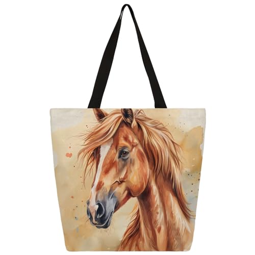 Mularoka Watercolour Horse Large Capacity Canvas Tote Bag Stylish Handheld Shoulder Bag Reusable Shopping Bag for Work Travel Beach Trips Shopping