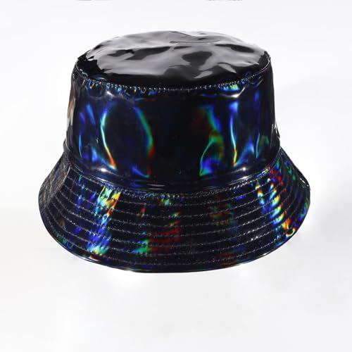 Image of Unisex Black Bucket Hat Waterproof Rain Hat Reversible Shiny Rave Bucket Hat for Concert Festival